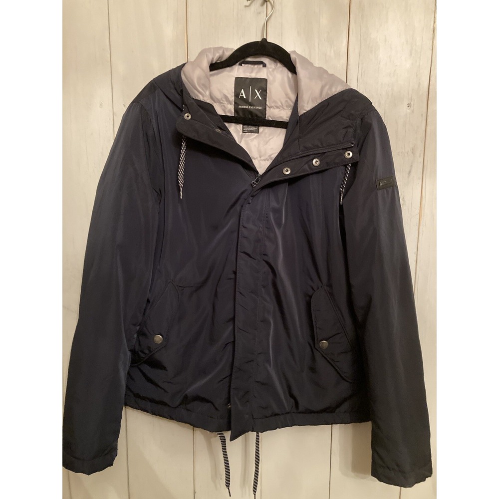 Armani Exchange Men's Night Navy Blue Hooded Full Zip Snap Tie Jacket Coat Sz-Lg